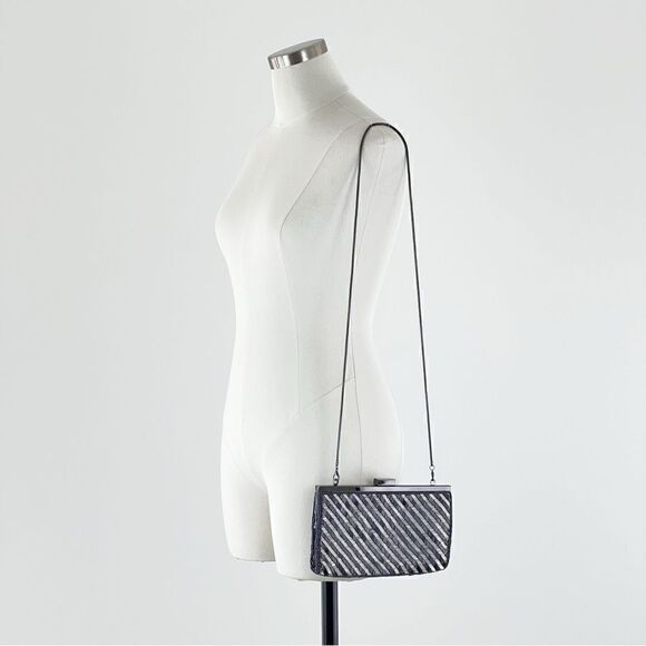 Neiman Marcus Micro Beaded black & silver clutch bag with chain - Picture 2 of 12